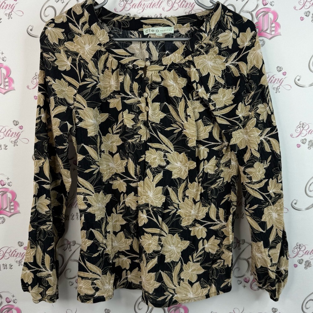 Cleo long sleeve flowers Black and beige Cream Floral Blouse pleated